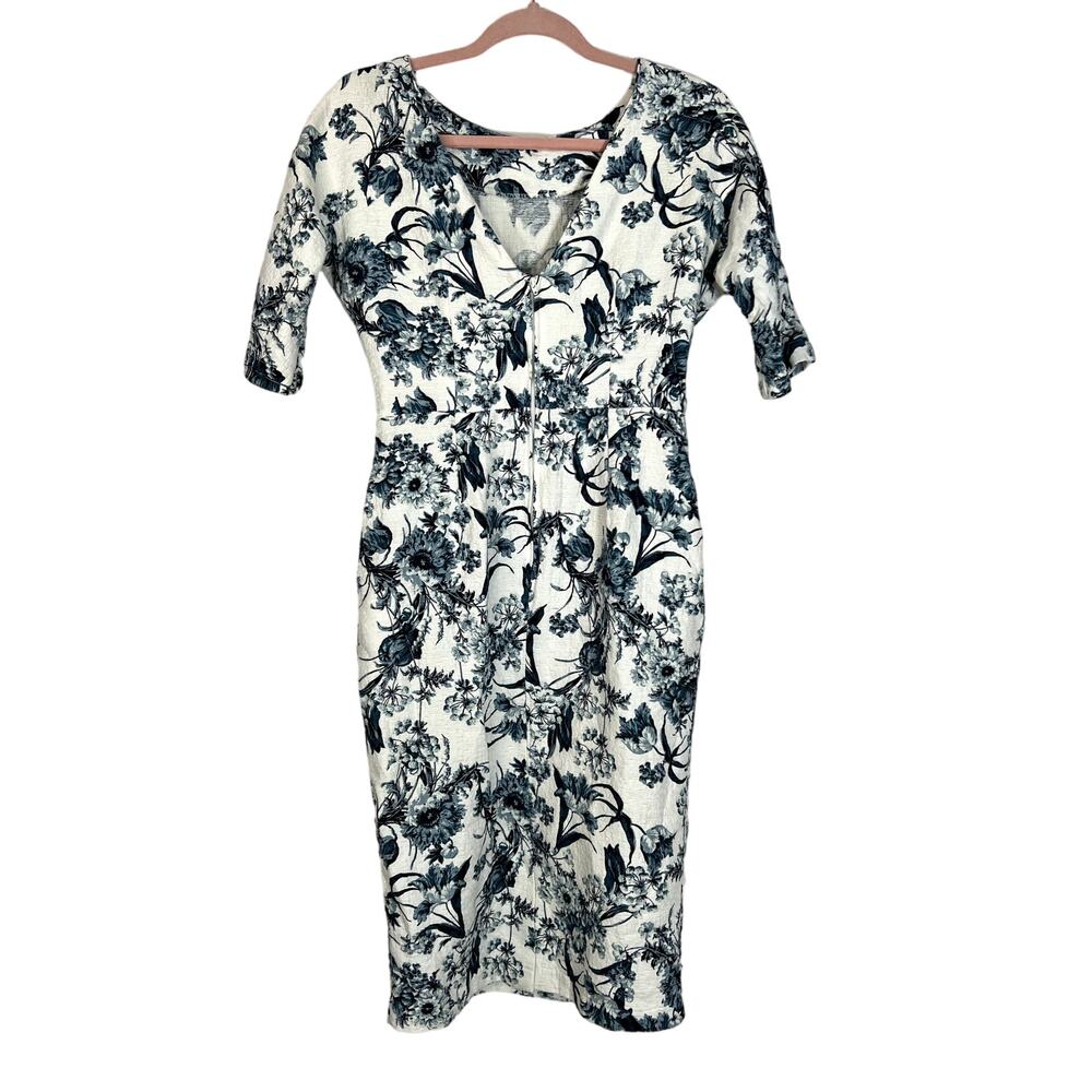 Asos White Blue Floral Fitted Pleats 3/4 Sleeves Pockets Cotton Midi Dress 8 - Picture 4 of 10